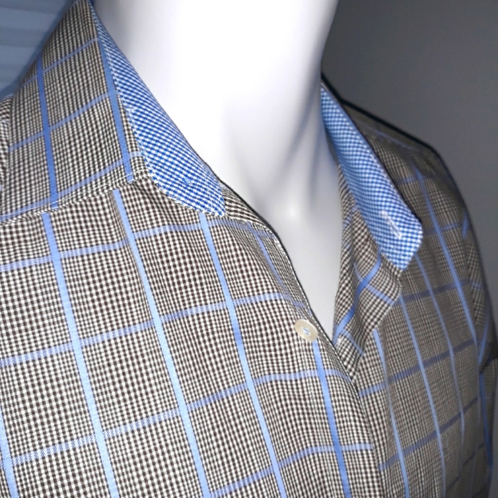 Tattersall mens blue and brown plaid dress shirt. 16.5 x 32/33